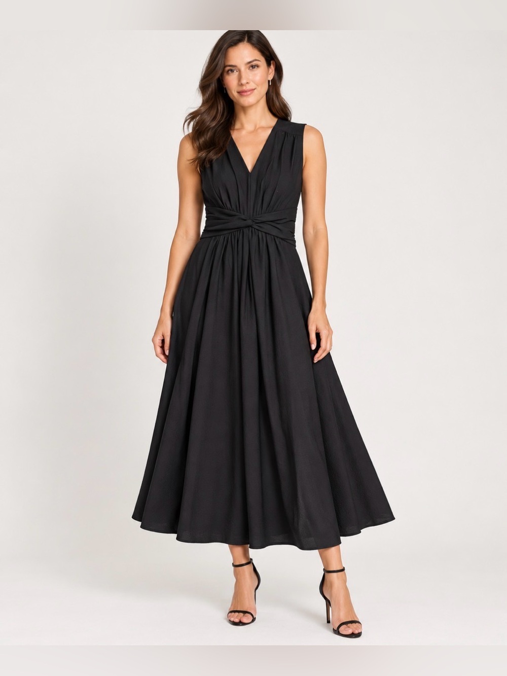 Calvin Klein Black V-Neck Twist-Waist Midi Dress
